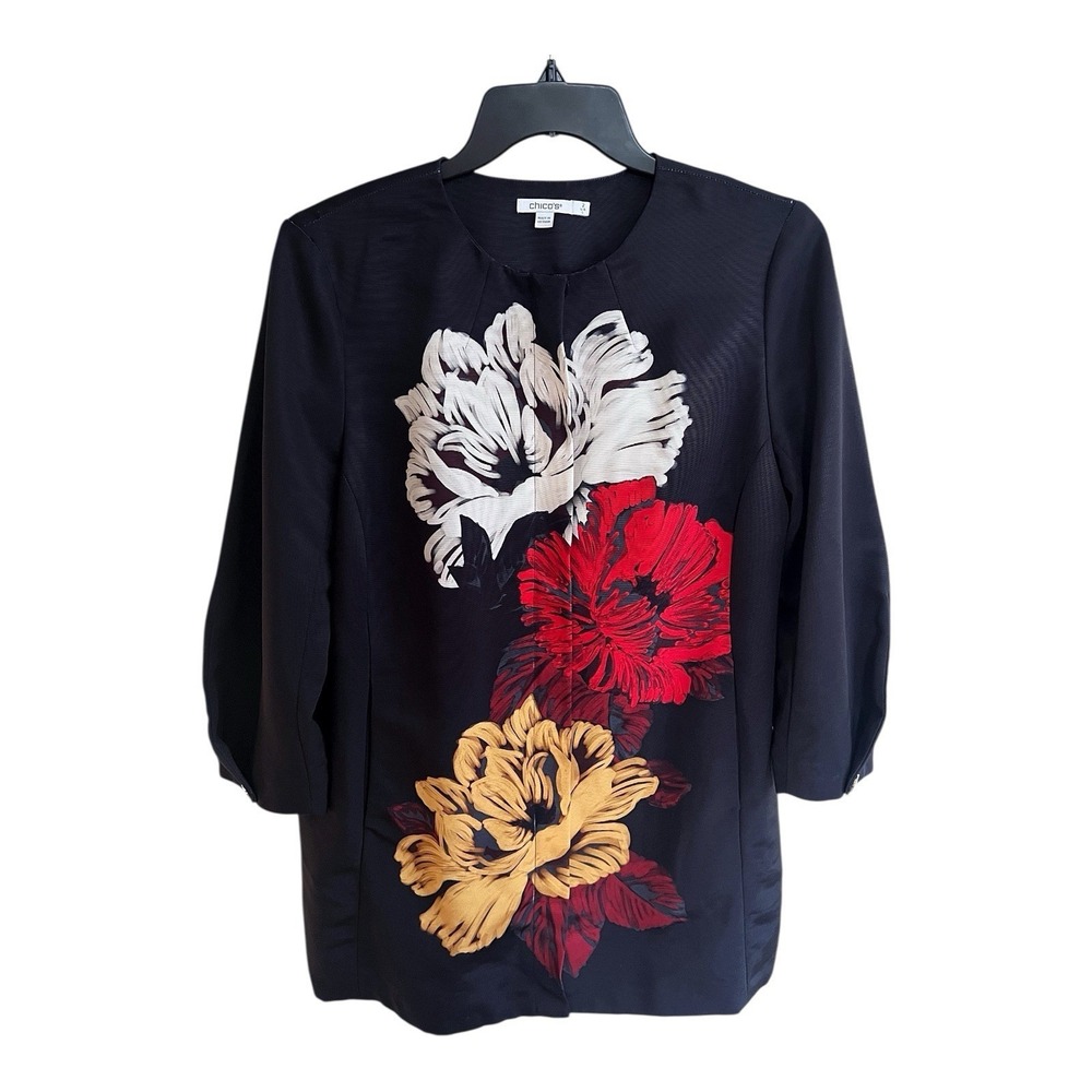 CHICOS L Black Faille Floral Topper Jacket Womens 2 3/4 Sleeves Pockets